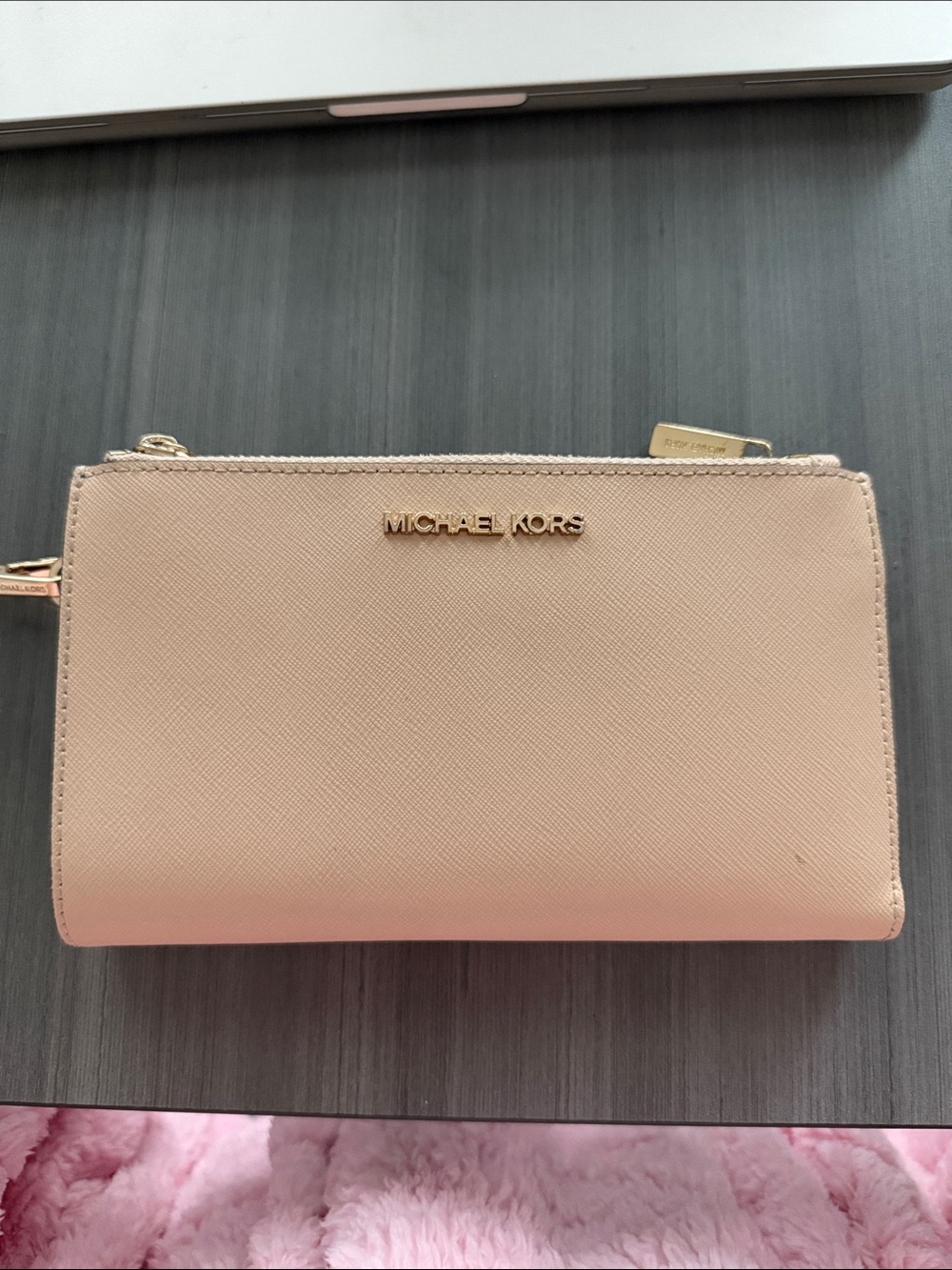 Michael Kors Pink Saffiano Zip Wallet with Gold Hardware